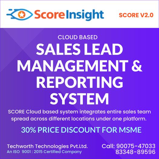 SCORE is an affordable, user-friendly yet powerful "Sales Lead Management & Reporting System (SLMRS)" which is designed to efficiently organize the sales operation of a company to increase sales and grow business. SCORE integrates entire sales team under one platform. SCORE enables handling of enquiries more efficiently, close more deals and grow businesses faster. SCORE enables real time monitoring of the activities & performance of the entire sales team. SCORE can be accessed from any location using PCs & SmartPhones. Management can instantly generate Sales Report, Person, Team, Branch wise or overall. SCORE helps to generate more sales revenue, better marketing ROI. Call/WhatsApp: 9007547033, 8334889596 Email: info@techworth.in for more information & pricing.